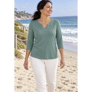 Talbots Cotton Tee‎ Long Sleeve Solid V Neck  Sz S Green